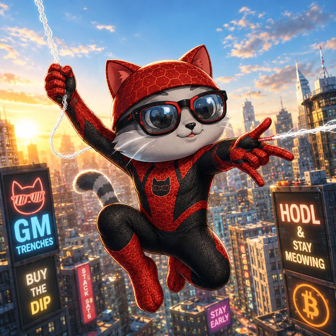 A cartoon cat in a Spider-Man costume and sunglasses swings through a city skyline at sunset, with illuminated billboards displaying crypto slogans like "GM TRENCHES," "BUY THE DIP," "HODL & STAY MEOWING," and the Bitcoin logo. The image playfully merges superhero action with crypto culture, visually embodying the "gm trenches" greeting used by crypto traders.