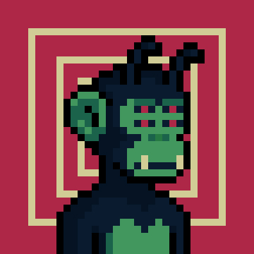 The image features a cartoon monkey with green skin, wearing a black outfit that includes a hat. The monkey has large ears and a face with red eyes, giving it a unique appearance. The background of the image is red, which contrasts with the monkey's green skin. There are also some text elements in the image, including "The Apes have been infected by @nebula_bits". This post seems to be discussing or analyzing the cartoon monkey depicted in the image.