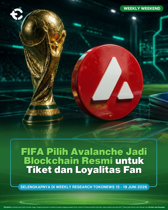 The image features a gold trophy with the words "FIFA Pilih Anlanche Jadi Blockchain Resmi untuk Tiket dan Loyalitas Fan" written below it, which translates to "FIFA Pilih Anlanche Jadi Blockchain Resmi untuk Tiket dan Loyalitas Fan". The text also mentions that the post is about a FIFA World Cup and how blockchain technology can be used for ticket management.

The image includes a gold trophy on the left side, and a red circle with an "A" in the center. There are two texts written below these objects: one reads "Focus on what is in the image and how it relates to the post", while the other says "FIFA Pilih Anlanche Jadi Blockchain Resmi untuk Tiket dan Loyalitas Fan".