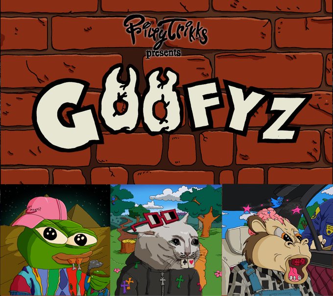A promotional image for the upcoming "Goofyz" NFT collection, presented by "PrizzyTricks," features cartoon-style characters including Pepe the Frog in a pink hat, a lion, and a hamster in various outfits against a brick background, announcing the artist's first generative NFT mint.