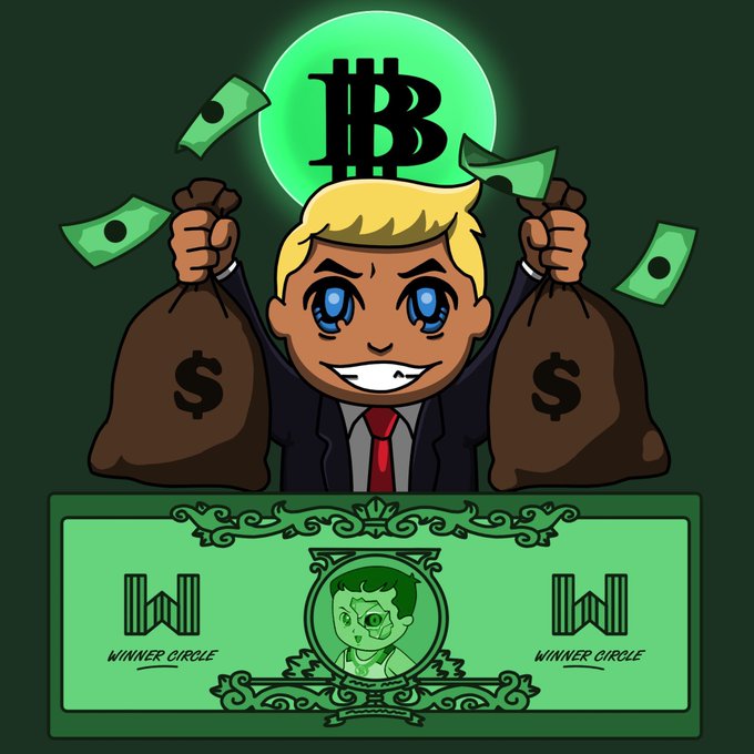 A cartoon illustration of a blonde man in a suit holding money bags under a glowing Bitcoin symbol, standing behind a 'WINNER CIRCLE' banner.