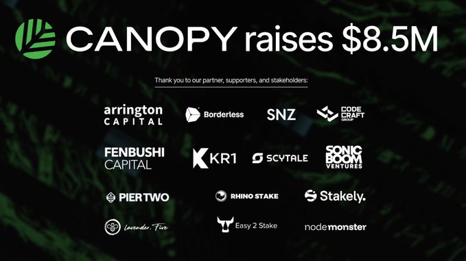 A dark announcement graphic stating 'CANOPY raises $8.5M' with logos of partners including Arrington Capital, Borderless, SNZ, Code Craft, Fenbushi Capital, KR1, Scytale, Sonic Boom Ventures, PierTwo, Rhino Stake, Stakely, Lavender.Five, Easy 2 Stake, and nodeMONSTER.