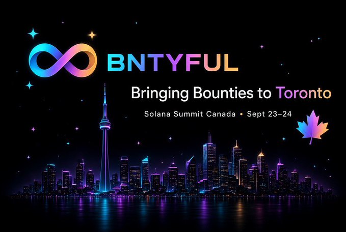 Promotional graphic for BNTYFUL reading 'Bringing Bounties to Toronto' for the Solana Summit Canada on Sept 23-24, featuring the Toronto skyline at night.