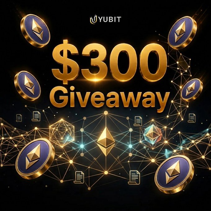 A Yubit promotional graphic advertising a "$300 Giveaway" featuring golden Ethereum coin designs and network graphics.
