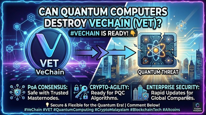 Promotional graphic asking 'Can Quantum Computers Destroy VeChain (VET)?' with '#VeChain is Ready!' text, highlighting PoA Consensus, Crypto-Agility, and Enterprise Security against quantum threats.