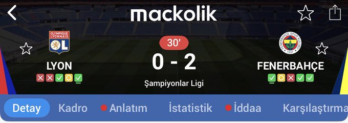 A sports app screenshot from 'mackolik' shows a UEFA Women's Champions League match between Lyon (L) and Fenerbahçe, with the score 0-2 at the 30' mark and Turkish text including 'Şampiyonlar Ligi' and 'Detay'.