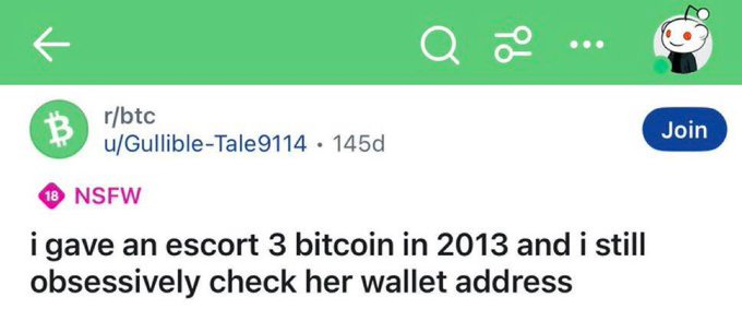 A Reddit post from r/btc by user Gullible-Tale9114 with NSFW tag reads: 'i gave an escort 3 bitcoin in 2013 and i still obsessively check her wallet address.'