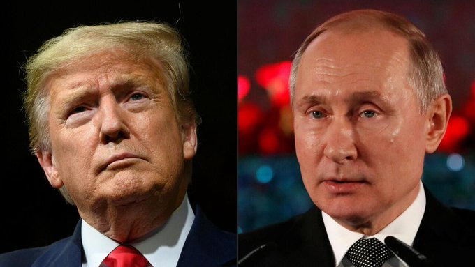 This image shows a split view of Donald Trump and Vladimir Putin, relating to the news that Russia is making a historic step toward legalizing Bitcoin and cryptocurrencies in international trade.