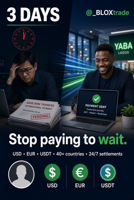 An advertisement for '@_BLOXtrade' contrasts a stressed man with pending international bank wire transfer documents against a smiling man whose 'PAYMENT SENT' laptop screen shows instant transactions in USD, EUR, and USDT.
