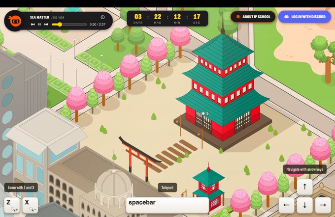 A screenshot from the IPX School interface shows an isometric view of a virtual campus featuring a pagoda-style building, a torii gate, and cherry blossom trees, with visible UI elements including 'SEA MASTER UNS VIBE', a countdown timer at '03 DAYS 22 HRS 12 MIN 17 SEC', and keyboard controls for 'Zoom with Z and X', 'Teleport spacebar', and 'Navigate with arrow keys'.