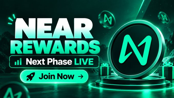 A promotional banner for 'NEAR REWARDS' with a green stylized 'N' logo, a 'Next Phase LIVE' indicator, and a 'Join Now' rocket button.
