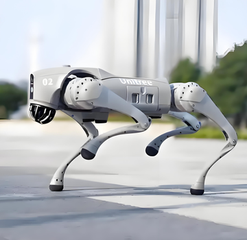 A sleek white Unitree robotic dog marked "02" and "UNITREE" stands on a paved surface, showcasing China's leading advancements in AI-driven robotics and consumer applications.