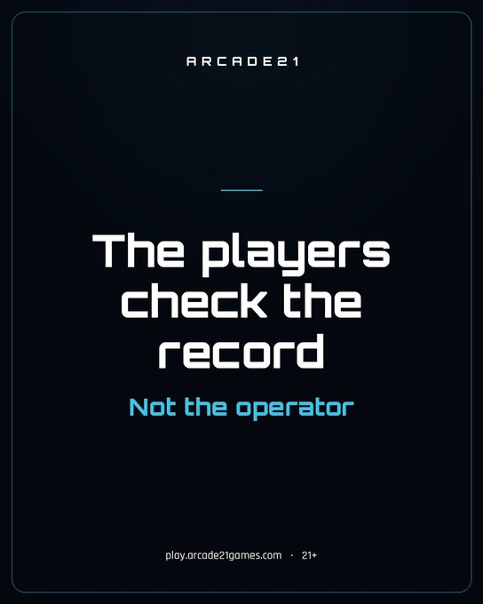 A dark promotional card for ARCADE21 reads 'The players check the record' in white and 'Not the operator' in blue, with 'play.arcade21games.com • 21+' at the bottom.
