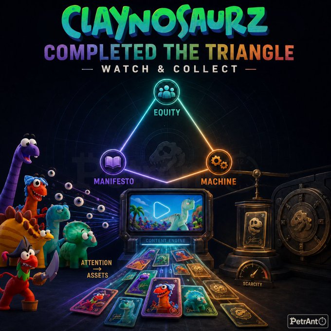 A promotional graphic titled 'CLAYNOSAURZ COMPLETED THE TRIANGLE — WATCH & COLLECT' featuring a triangle diagram connecting 'EQUITY,' 'MANIFESTO,' and 'MACHINE,' alongside cartoon clay dinosaurs, a 'CONTENT ENGINE' screen, trading cards labeled 'ATTENTION → ASSETS,' and a 'SCARCITY' vault.