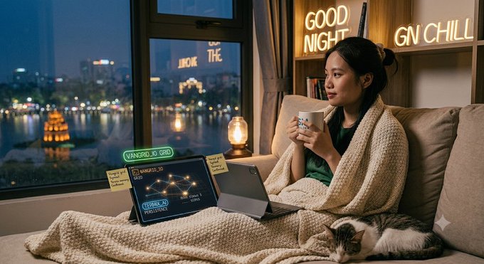 A young woman wrapped in a white knit blanket sits on a couch holding a mug, looking out a window at a nighttime cityscape and river, with a laptop displaying a graph beside her and a cat sleeping nearby.