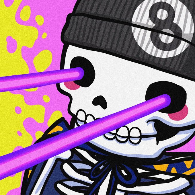 Stylized illustration of a skeleton wearing an 8-ball beanie with glowing purple laser eyes shooting across a pink and yellow background.