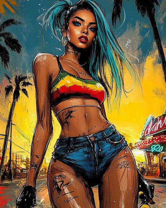 A bold, painterly illustration of a confident woman with long teal hair, wearing a Rastafarian-colored crop top and denim shorts, set against a vibrant yellow Miami street scene with palm trees and a neon "820" sign. The artwork's tropical, urban aesthetic perfectly captures the "Miami Vibes" theme highlighted in the @objktcom listing.