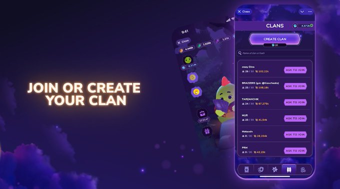 A mobile game promotional screen displays 'JOIN OR CREATE YOUR CLAN' alongside a phone interface showing clan options and an 'ASK TO JOIN' button.