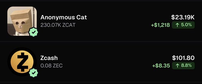 A cryptocurrency portfolio screenshot shows two assets: **Anonymous Cat ($ZCAT)** with a holding of 230.07K ZCAT valued at $23.19K (+$1,218, ↑5.0%), and **Zcash ($ZEC)** with 0.08 ZEC valued at $101.80 (+$8.35, ↑8.8%). The image visually reinforces the post's pitch for $ZCAT as a leveraged play combining ZEC's price upside with meme token yield, showing it significantly outperforming a direct ZEC holding in dollar terms.