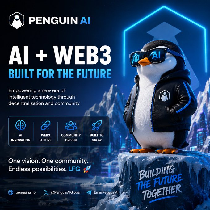 A promotional poster for 'Penguin AI' with the tagline 'AI + WEB3 BUILT FOR THE FUTURE,' featuring a 3D penguin wearing sunglasses and a black jacket, standing on an ice block.