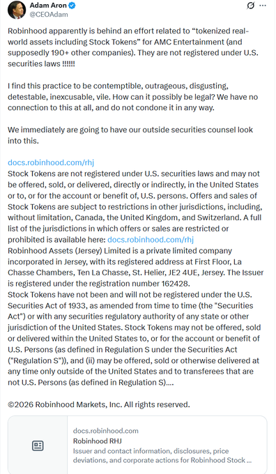 A tweet from AMC CEO Adam Aron (@CEOAdam) condemning Robinhood's launch of "tokenized real-world assets" including "Stock Tokens" for AMC Entertainment, stating the tokens are "NOT registered under U.S. securities laws" and announcing that AMC's outside securities counsel will investigate the matter.