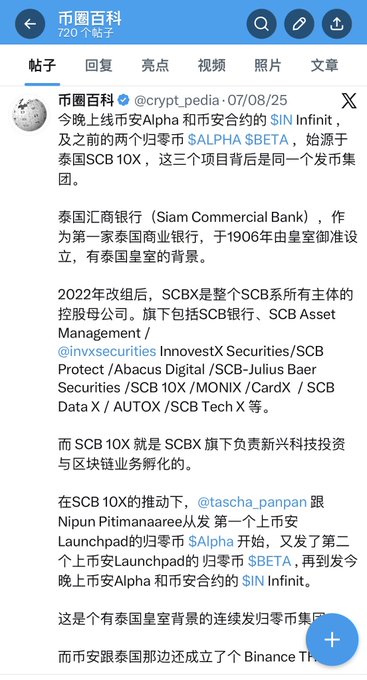 A screenshot of a Chinese-language Weibo post from "币圈百科" (@crypt_pedia) dated 07/08/25, explaining that $IN, $ALPHA, and $BETA are all launched on Binance Launchpad and originate from the same issuing group with Thai royal backing via SCB 10X (Siam Commercial Bank). The image supports the post's warning that $IN is part of a pattern of SCB 10X-backed tokens that have gone to zero, joining other listed losses like $ATH (归零) and $YALA (跑路).