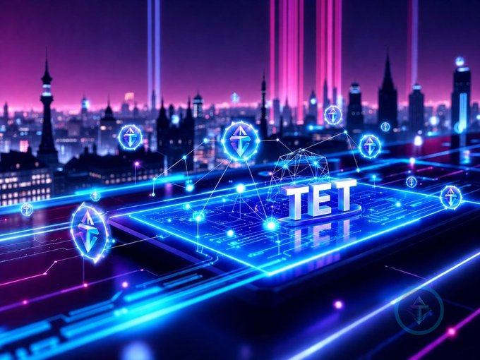 A futuristic digital graphic displaying the word 'TET' on a glowing blue circuit board, set against a neon-lit cyberpunk cityscape with Ethereum-style diamond icons.