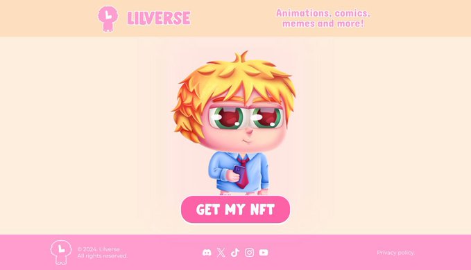 A promotional webpage for "LIIVERSE" featuring a 3D chibi-style character with blonde hair in a blue suit, accompanied by a pink "GET MY NFT" button and the tagline "Animations, comics, memes and more!" — directly tying into the post's announcement of whitelist and public mint opportunities for the NFT project.