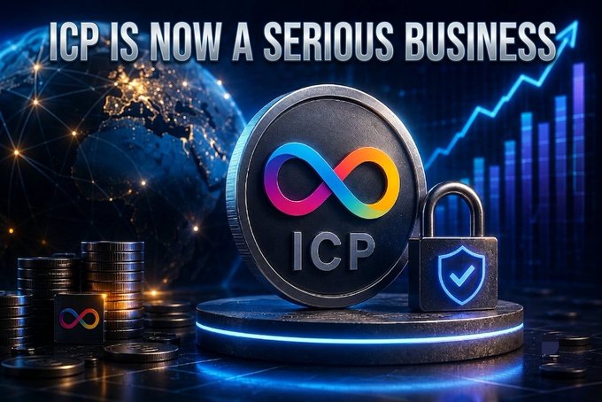 The image features a stylized ICP (Internet Computer Protocol) cryptocurrency coin alongside a padlock with a shield, set against a backdrop of an illuminated globe and an ascending bar chart, with bold text reading "ICP IS NOW A SERIOUS BUSINESS." This visual reinforces the post's message about ICP's growing legitimacy and upward trajectory, symbolizing its emergence as a secure, globally relevant enterprise while pushing back against the FUD the author urges followers to dismiss.