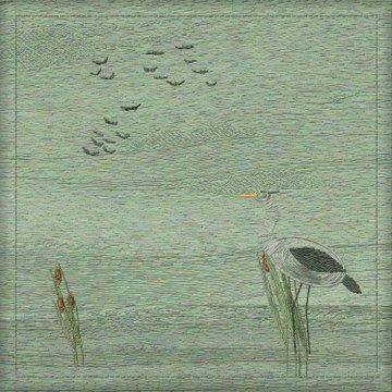 An artwork depicting a heron-like bird standing in shallow water with a small crab on the left and a flock of birds flying in the sky, rendered in green and black.