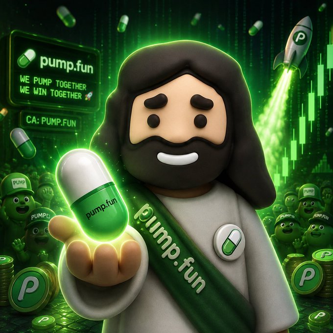 A promotional illustration for pump.fun cryptocurrency featuring a 3D-style bearded character holding a green and white pill labeled 'pump.fun', with a rocket, chart, and text reading 'WE PUMP TOGETHER WE WIN TOGETHER' and 'CA: PUMP.FUN'.