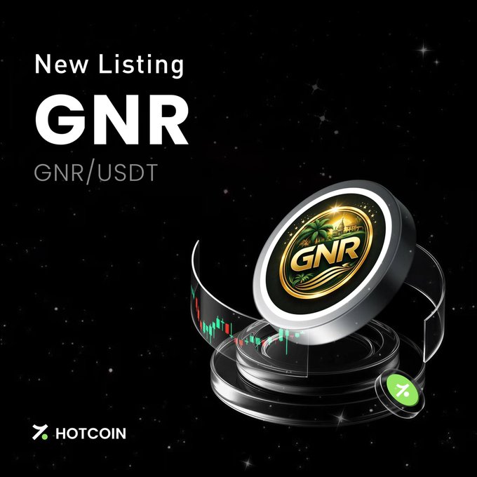 A 'New Listing' announcement graphic for the GNR/USDT token pair from the HOTCOIN exchange, featuring a 3D coin illustration with a palm tree logo against a starry black background.