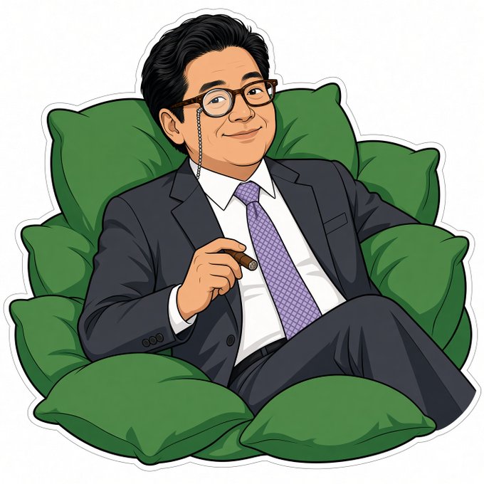 A cartoon-style illustration sticker shows a man with a monocle and glasses, wearing a suit and tie, lounging on green pillows while holding a cigar.