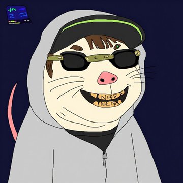 A cartoonish character wearing a gray hoodie, black sunglasses, and a visor has gold 'NEON' and 'NFT' grillz, styled in a crypto/NFT aesthetic.