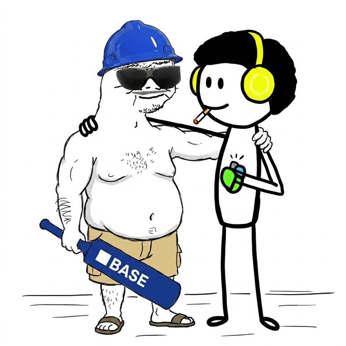 A cartoon meme featuring the 'soyjak' character wearing a blue hard hat and sunglasses, holding a baseball bat labeled 'BASE' with 'Coinbase' branding, while hugging a stick figure with yellow headphones holding a green item.