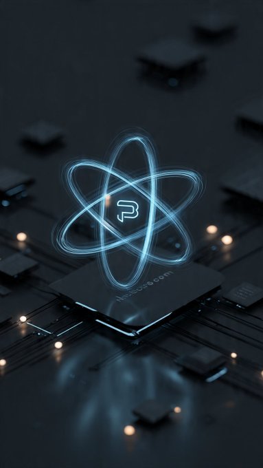 A futuristic digital render of a computer chip with a glowing, light-blue atom symbol hovering above it, which contains the Pi Network logo in its center.