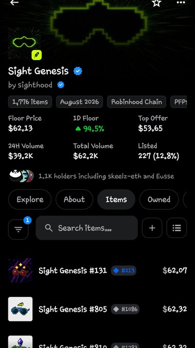 A mobile app screenshot showing the "Sight Genesis" NFT collection on a marketplace, displaying a floor price of $62.13 and listing items like "Sight Genesis #131" and "Sight Genesis #305".