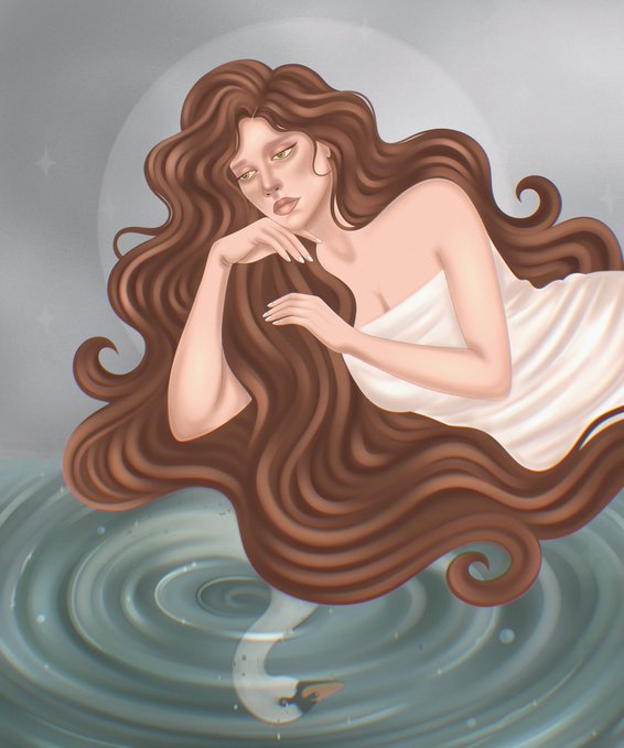A digital illustration of a woman with voluminous, flowing brown hair emerging from rippling blue water, set against a circular moonlit background.