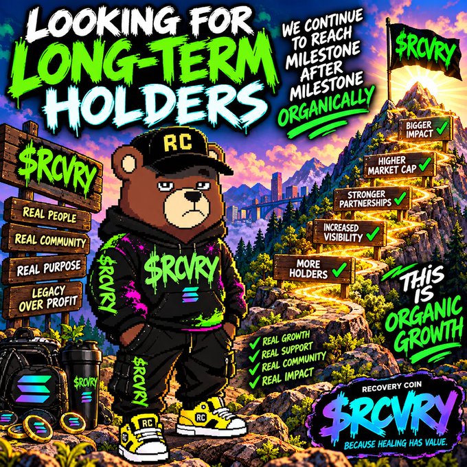 A promotional graphic for '$RCVRY Recovery Coin' featuring a bear character in a black tracksuit, advertising 'Long-Term Holders' with text like 'Real People,' 'Real Community,' and 'This is Organic Growth.'