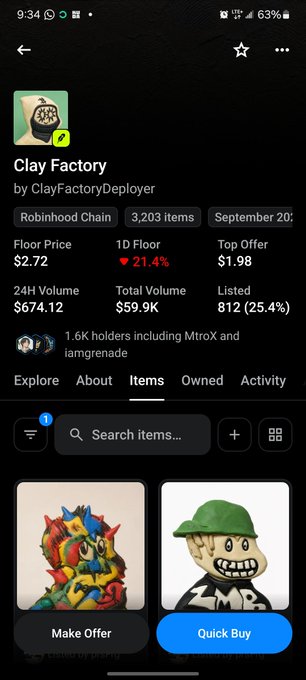A screenshot of the OpenSea NFT marketplace showing the "ClayFactory" collection with 3,203 items, a 21.4% increase, floor price of $2.72, and visible artwork including "ZMB" and another colorful piece.