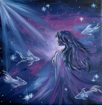 The image features a painting of a woman with long hair wearing a purple dress, standing under a starry sky filled with fish. The painting has a blue background that complements the purple elements. There are several fish swimming around her, adding depth and movement to the scene. The painting is signed by Matt @Sneketoshi in the bottom right corner of the image.