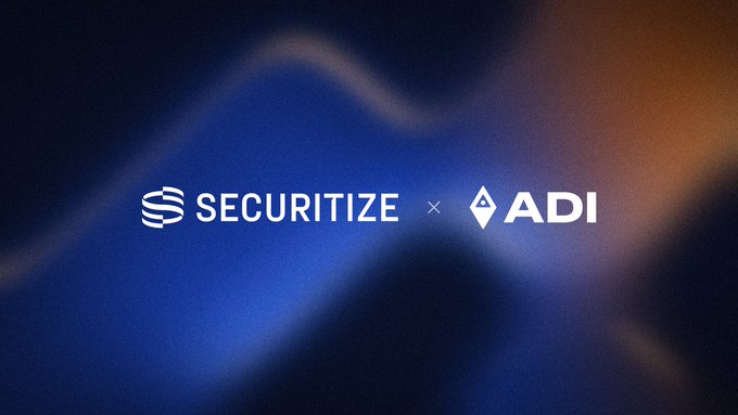 A promotional graphic showing logos for 'SECURITIZE' and 'ADI' separated by an 'x' on a dark blue gradient background.