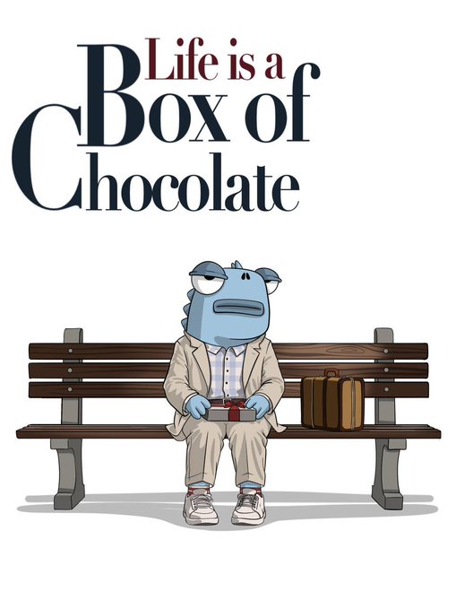 An anime-style illustration of a blue anthropomorphic fish wearing a beige suit and holding binoculars, sitting on a wooden bench with a suitcase, under the text 'Life is a Box of Chocolate'.