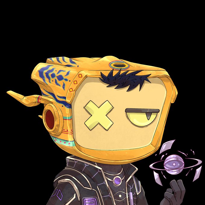 An illustration of a yellow robot-like character with a TV-shaped head featuring X and half-moon eyes, holding a purple crystal ball against a black background.