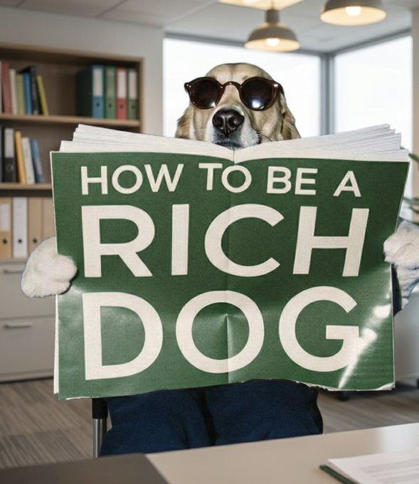 A dog wearing sunglasses reads a large green book titled "HOW TO BE A RICH DOG," humorously tying into the "$DOG" ticker by portraying the dog as a savvy investor studying the secrets of canine wealth.