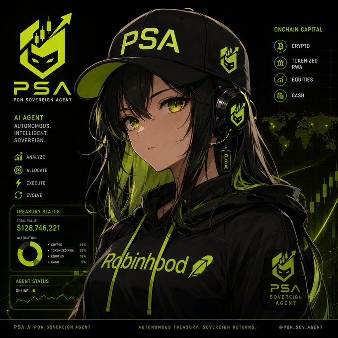 An anime-style promotional graphic features a dark-haired character with green eyes wearing a black cap and hoodie with 'PSA' and 'Robinhpod' branding, surrounded by crypto and AI agent data panels including 'TREASURY STATUS $128,746,221'.