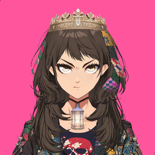 An anime-style illustration features a brown-haired character wearing a golden crown and an ornate outfit, holding a small lantern in front of a bright pink background.