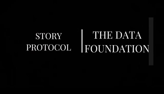 The image displays a black background with white text reading "STORY PROTOCOL" on the left and "THE DATA FOUNDATION" on the right, separated by a vertical line. This visually represents the rebranding announcement of Story Protocol to The Data Foundation, aligning with the post's message about the $IP to $DATA token transition and the organization's mission of building a trust layer for AI training data.