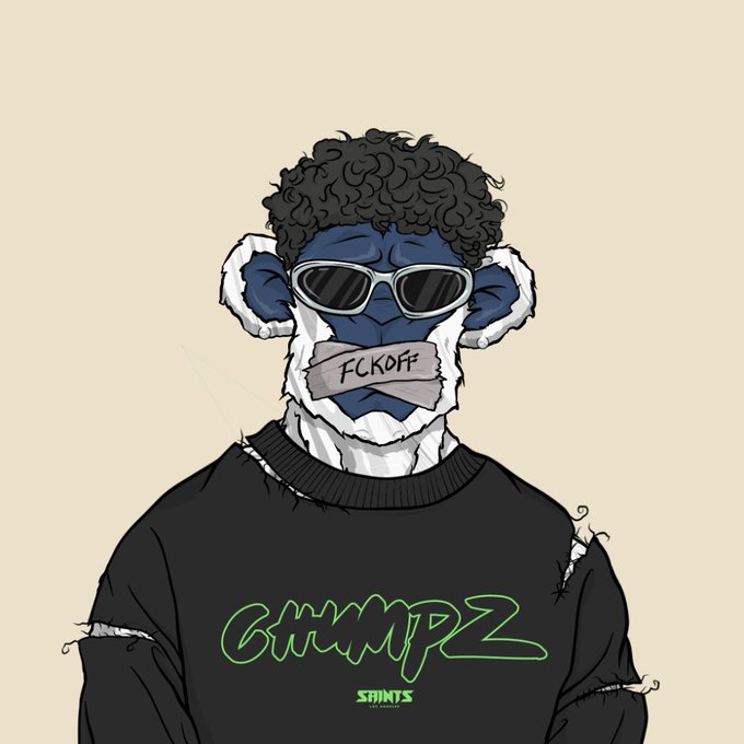 A cartoon illustration of a blue anthropomorphic character wearing sunglasses, a sweater with 'GRIMPZ' in green text, and a piece of tape over its mouth reading 'FCKOFF'.