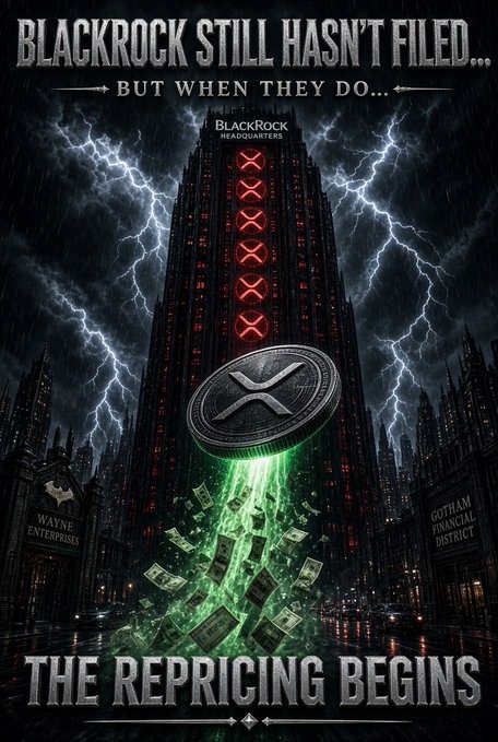 A dramatic, gothic-style illustration shows the "BlackRock Headquarters" tower with red "X" symbols stacked vertically down its facade, while a large XRP coin hovers above a glowing green beam of cash raining down onto "Wayne Enterprises" and "Gotham Financial District" buildings. The image is framed by the bold text "BLACKROCK STILL HASN'T FILED... BUT WHEN THEY DO..." at the top and "THE REPRICING BEGINS" at the bottom, visually reinforcing the post's speculation that an imminent BlackRock XRP ETF filing will dramatically surge XRP's value.